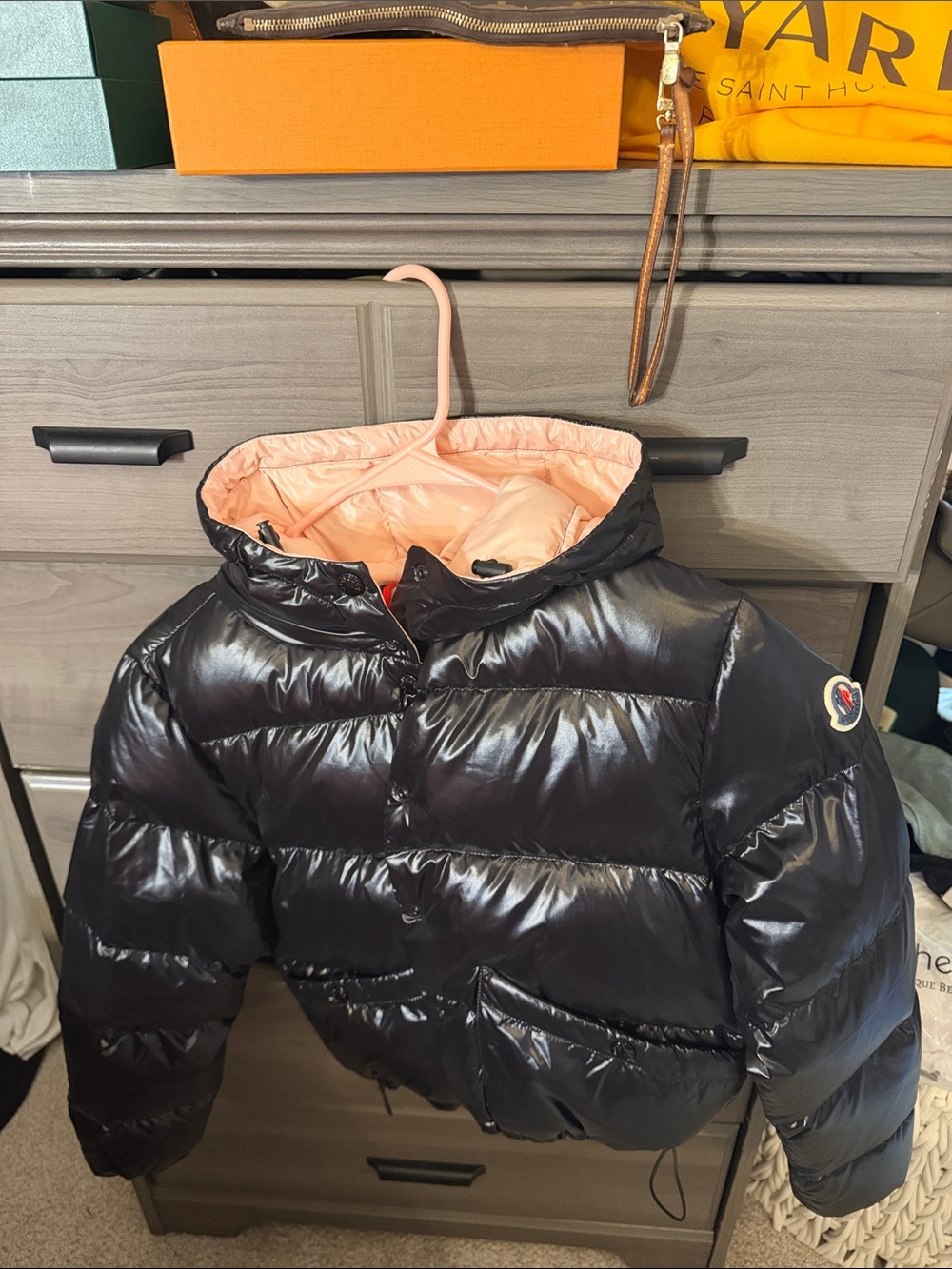 Moncler Shiny Black Puffer Jacket with Pale Pink Lining